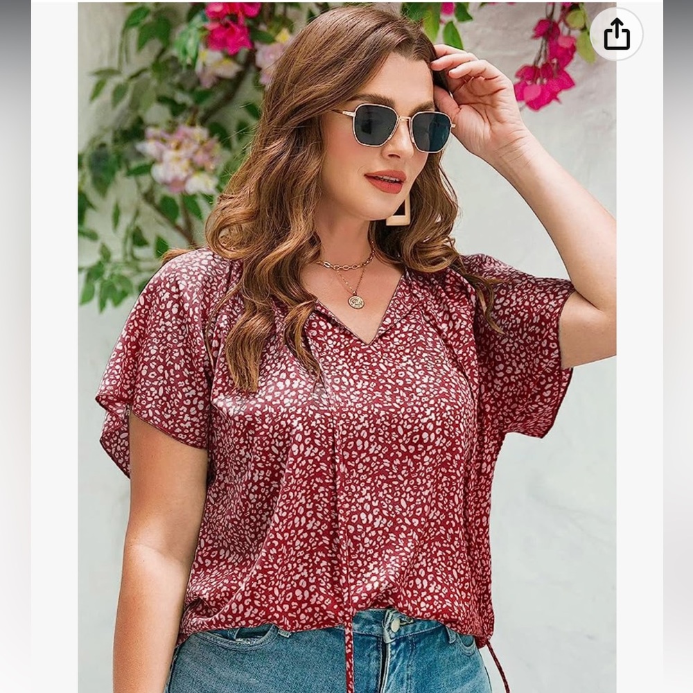 IN'VOLAND Plus Size Floral Print V Neck Short Sleeve Drawstring Blouse NWT 22